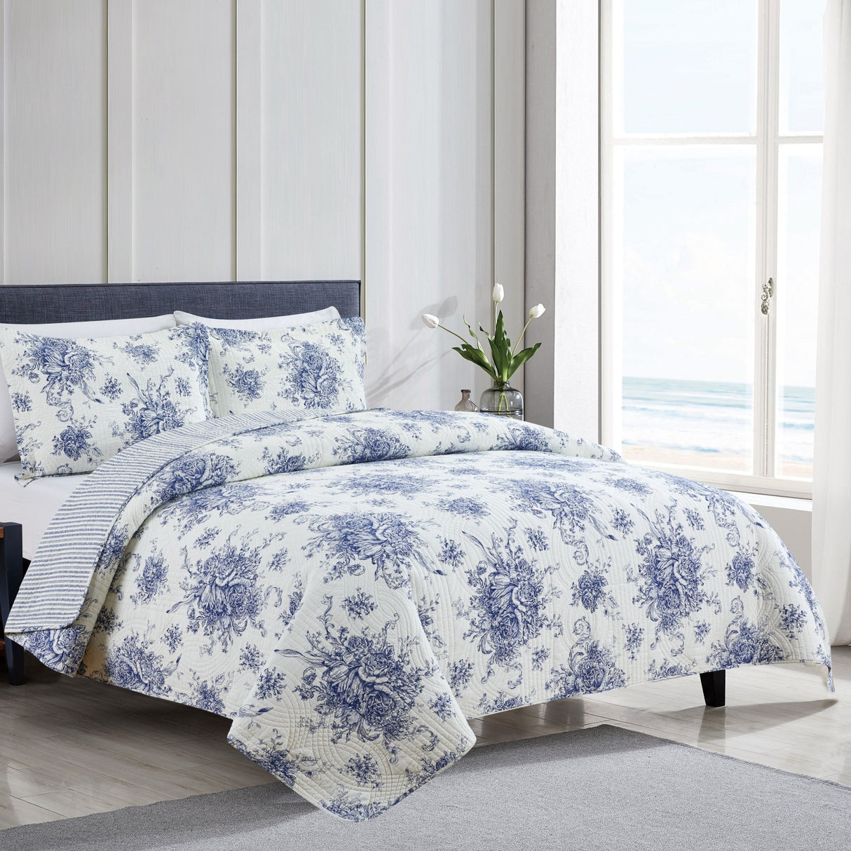 Toile Reversible Cotton Quilt Set-Quilt-Parc Decor