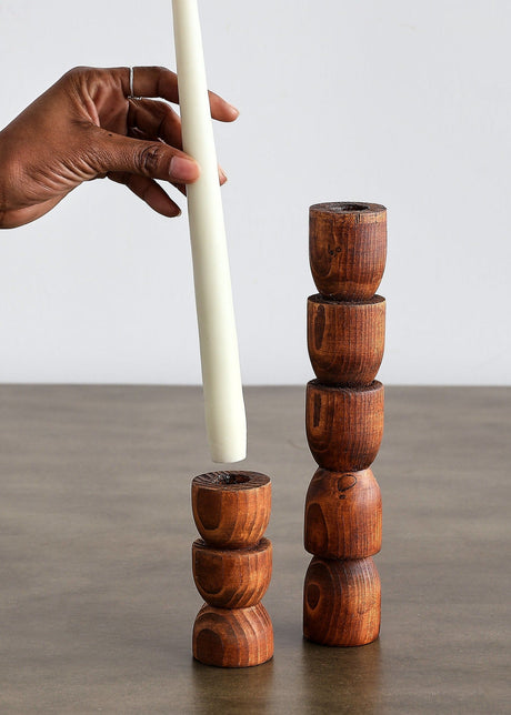 Totem Pine Wood Taper Candlestick Holder-Décor Collection-Parc Decor