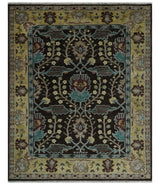 Traditional Black, Beige and Blue Antique Style Hand knotted Wool Area Rug