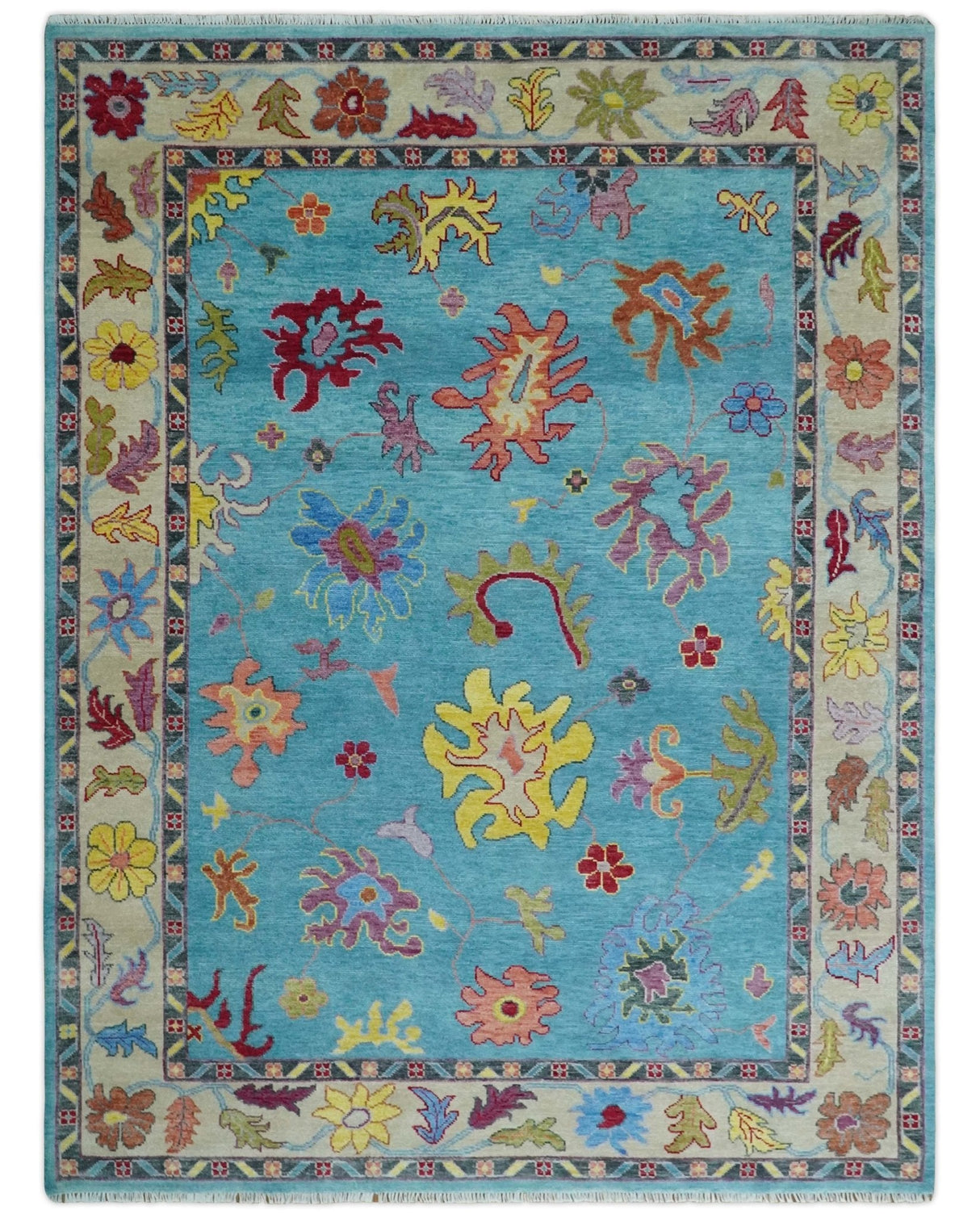 Traditional Blue and Beige Hand knotted Oushak Custom Made Wool Area Rug