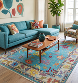 Traditional Blue and Beige Hand knotted Oushak Custom Made Wool Area Rug