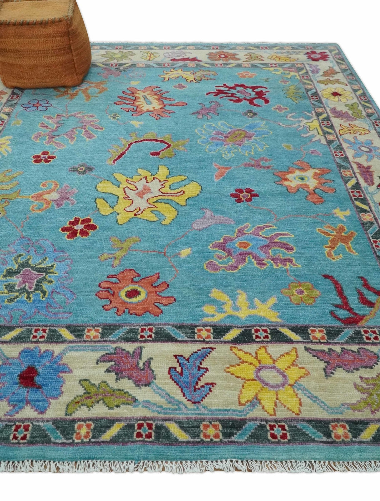 Traditional Blue and Beige Hand knotted Oushak Custom Made Wool Area Rug