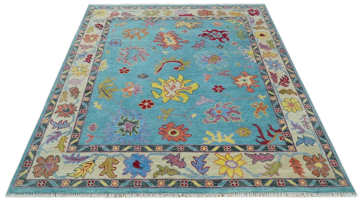 Traditional Blue and Beige Hand knotted Oushak Custom Made Wool Area Rug