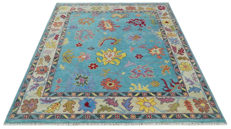 Traditional Blue and Beige Hand knotted Oushak Custom Made Wool Area Rug