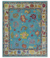 Traditional Blue and Beige Hand knotted Oushak Custom Made Wool Area Rug