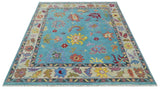 Traditional Blue and Camel Colorful Hand knotted Oushak Custom Made Wool Area Rug