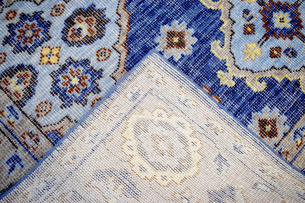 Traditional Blue and Camel Hand Knotted 8x10 Wool Area Rug