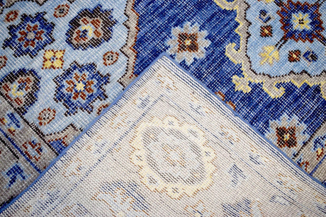 Traditional Blue and Camel Hand Knotted 8x10 Wool Area Rug