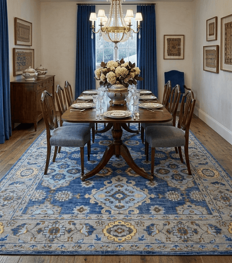 Traditional Blue and Camel Hand Knotted 8x10 Wool Area Rug