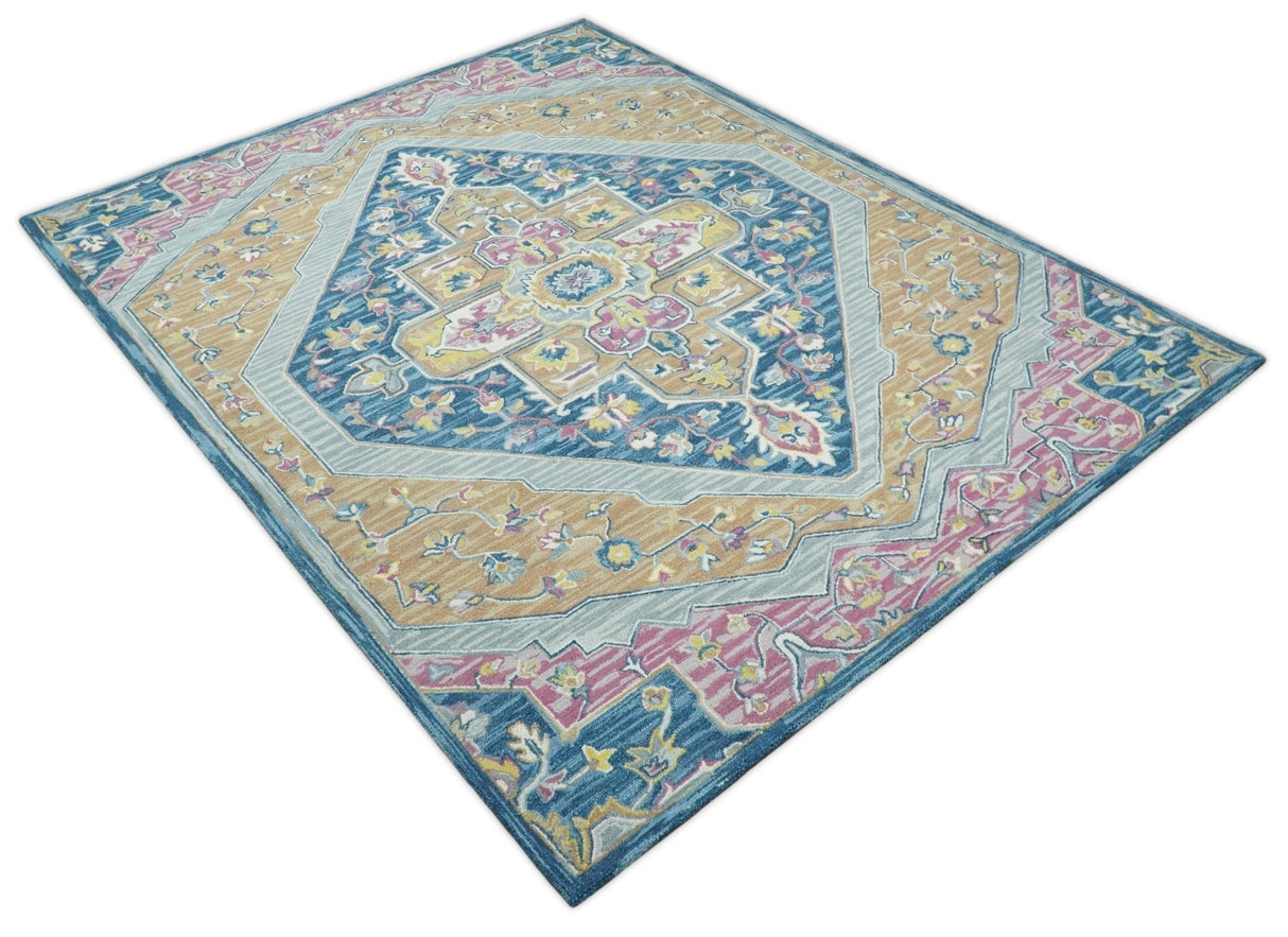 Traditional Blue and Camel Textured Loop Wool Hand Tufted Area Rug