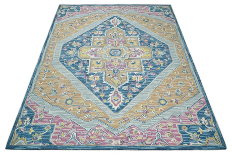 Traditional Blue and Camel Textured Loop Wool Hand Tufted Area Rug