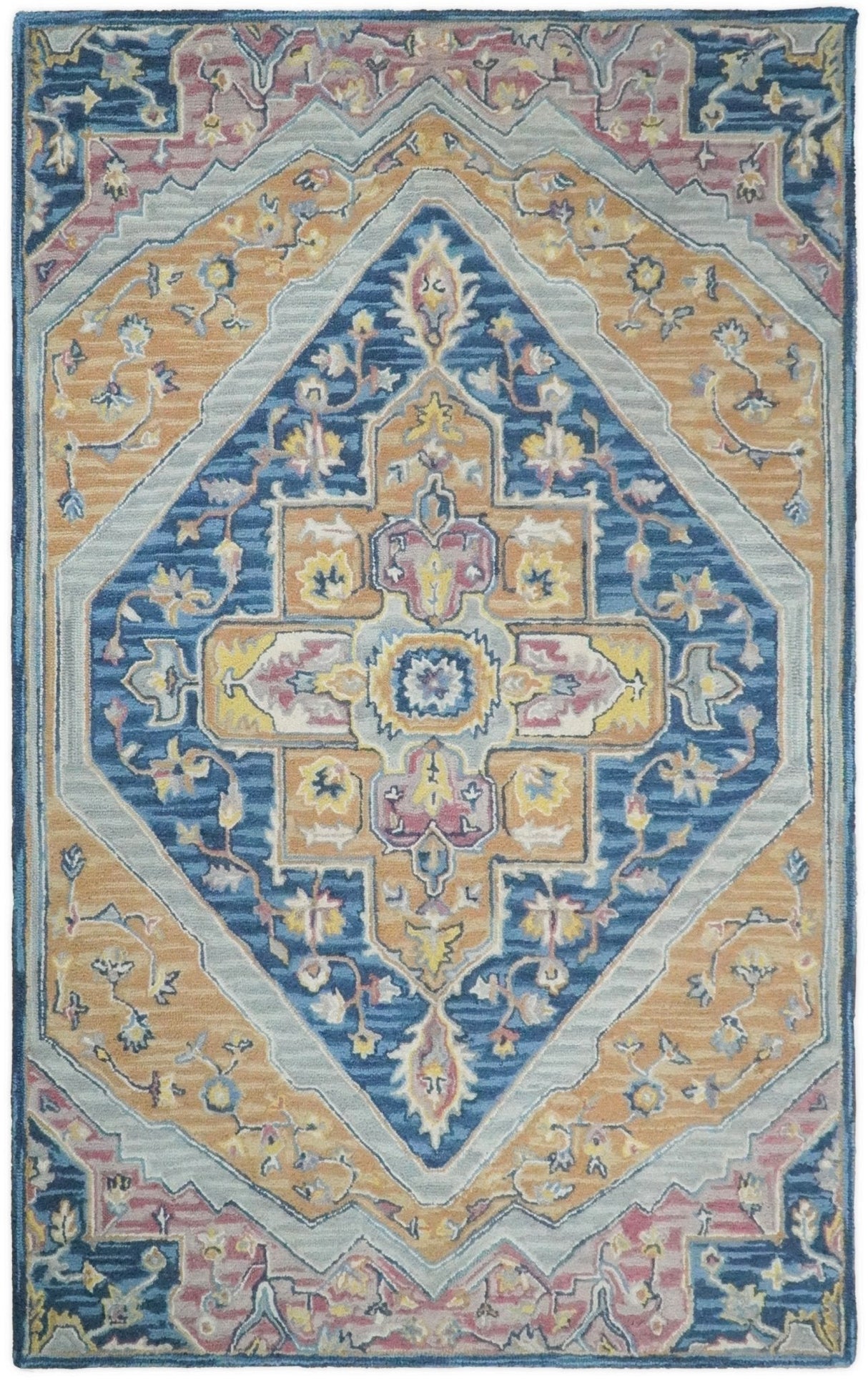Traditional Blue and Camel Textured Loop Wool Hand Tufted Area Rug