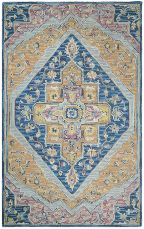 Traditional Blue and Camel Textured Loop Wool Hand Tufted Area Rug