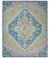 Traditional Blue and Camel Textured Loop Wool Hand Tufted Area Rug