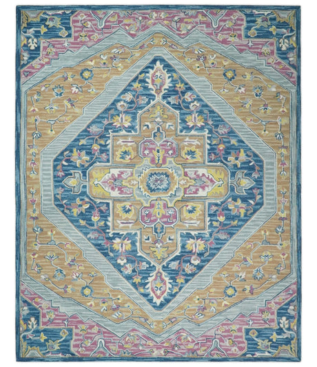Traditional Blue and Camel Textured Loop Wool Hand Tufted Area Rug