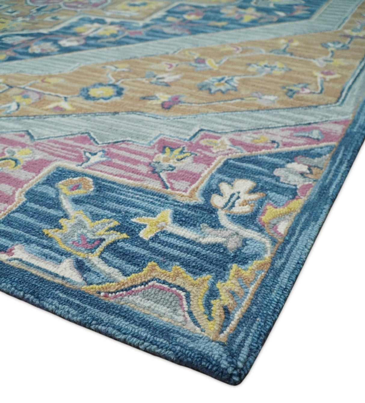 Traditional Blue and Camel Textured Loop Wool Hand Tufted Area Rug