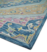 Traditional Blue and Camel Textured Loop Wool Hand Tufted Area Rug