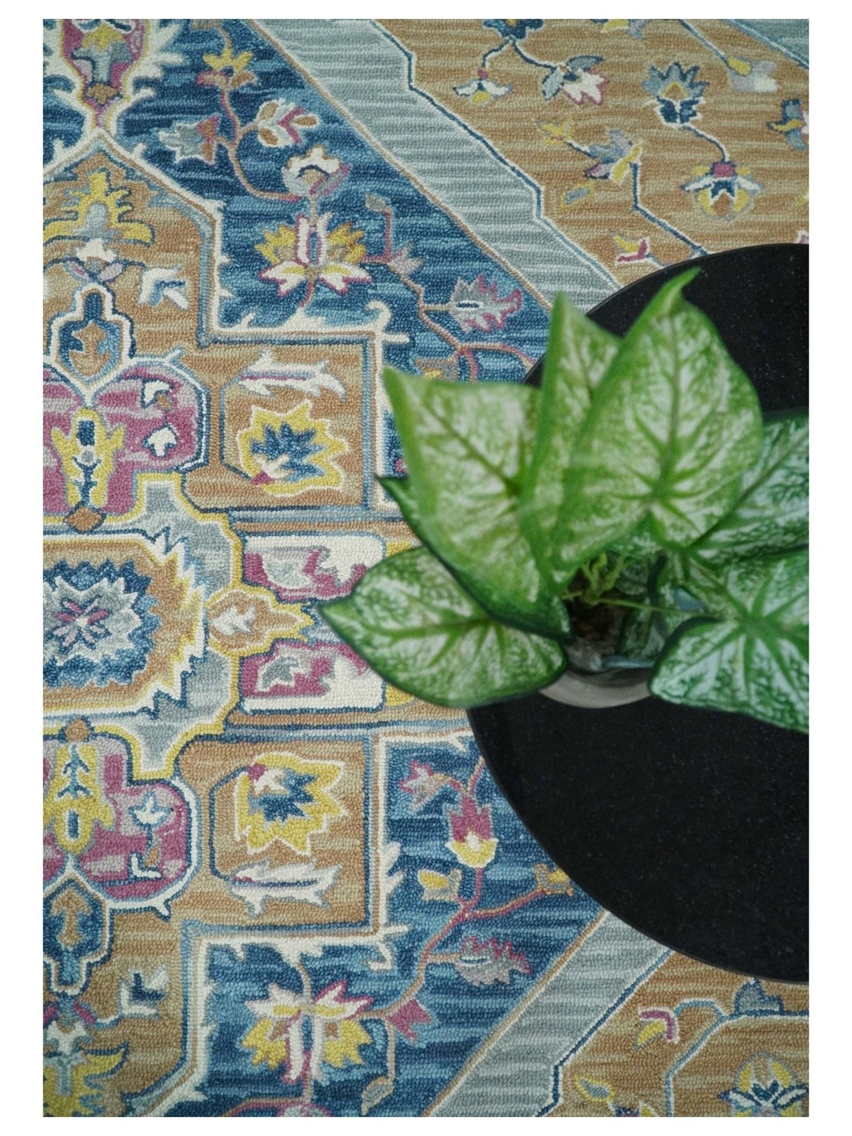 Traditional Blue and Camel Textured Loop Wool Hand Tufted Area Rug
