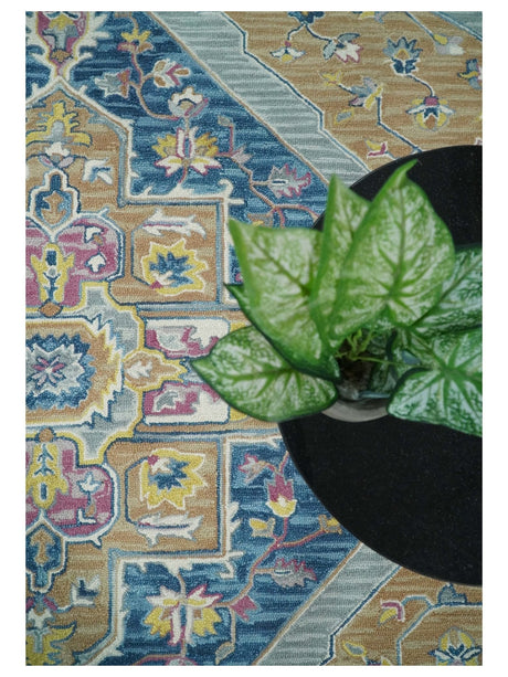 Traditional Blue and Camel Textured Loop Wool Hand Tufted Area Rug