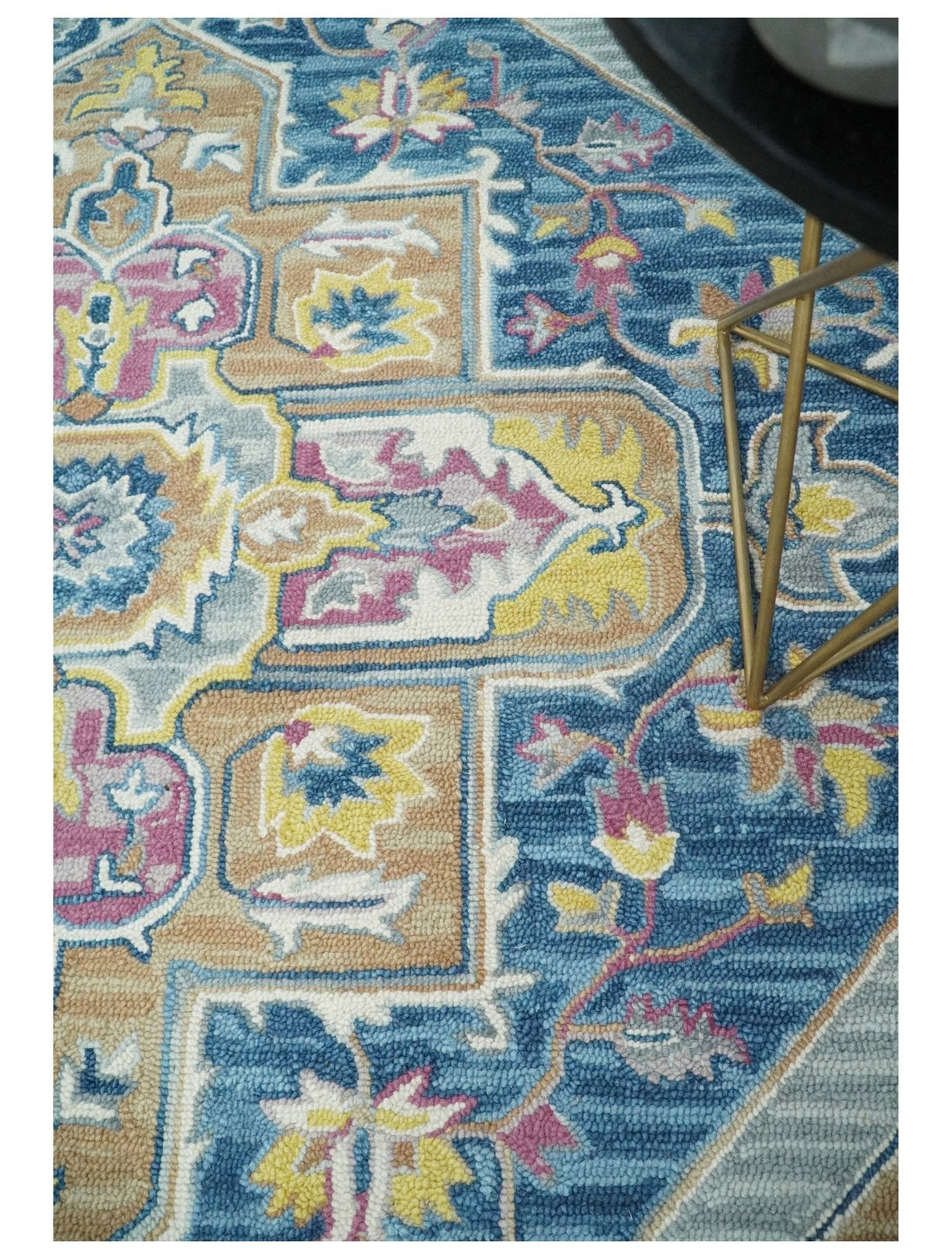 Traditional Blue and Camel Textured Loop Wool Hand Tufted Area Rug
