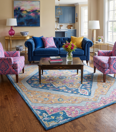 Traditional Blue and Camel Textured Loop Wool Hand Tufted Area Rug