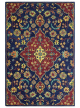 Traditional Blue and Red Hand Tufted Turkish Design Wool Area Rug