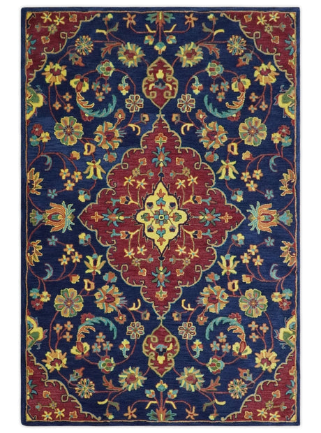 Traditional Blue and Red Hand Tufted Turkish Design Wool Area Rug