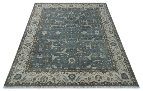 Traditional Blue, Ivory and Brown Oriental Oushak 8x10 wool Area Rug
