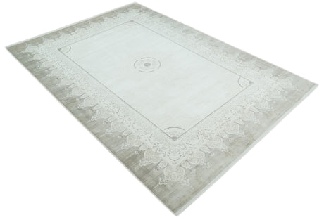 Traditional Brown and Ivory Antique Finish Art Silk Area Rug