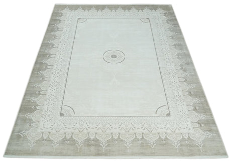 Traditional Brown and Ivory Antique Finish Art Silk Area Rug