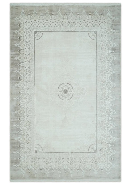 Traditional Brown and Ivory Antique Finish Art Silk Area Rug