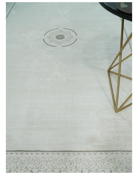 Traditional Brown and Ivory Antique Finish Art Silk Area Rug