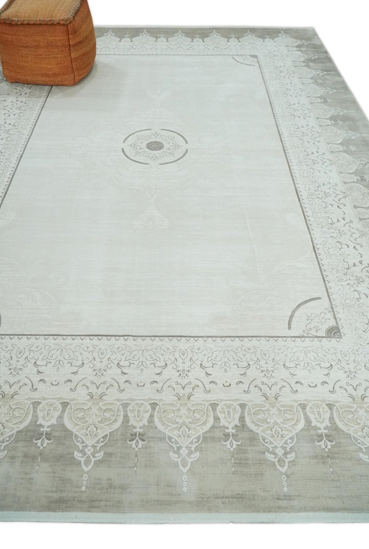 Traditional Brown and Ivory Antique Finish Art Silk Area Rug