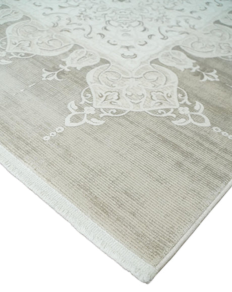 Traditional Brown and Ivory Antique Finish Art Silk Area Rug