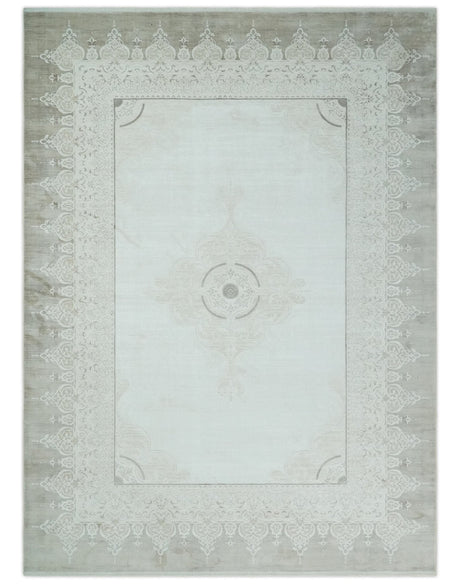 Traditional Brown and Ivory Antique Finish Art Silk Area Rug
