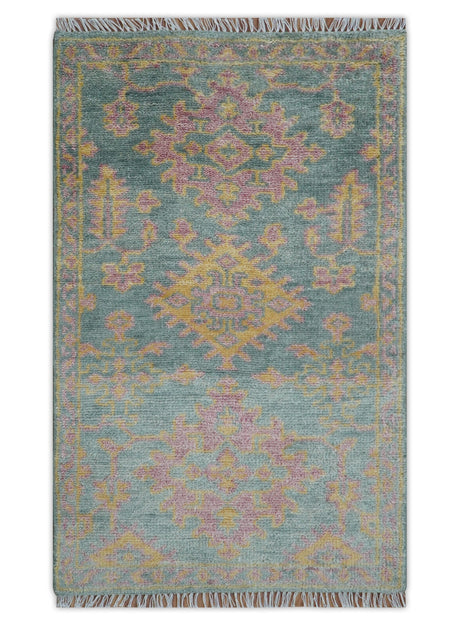 Traditional Design Teal And Pink 3x5 Hand knotted Wool Area Rug