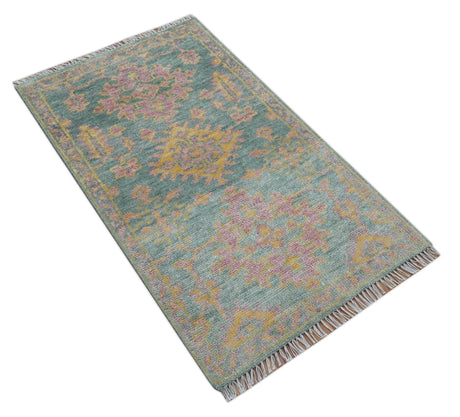 Traditional Design Teal And Pink 3x5 Hand knotted Wool Area Rug
