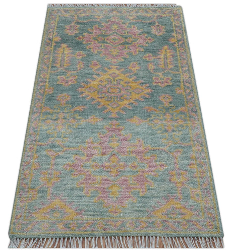 Traditional Design Teal And Pink 3x5 Hand knotted Wool Area Rug