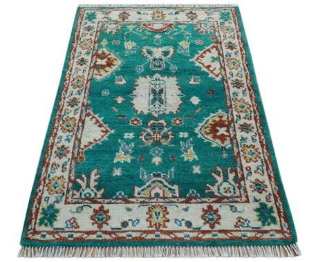 Traditional Design Teal Hand knotted 4x6 Wool Area Rug