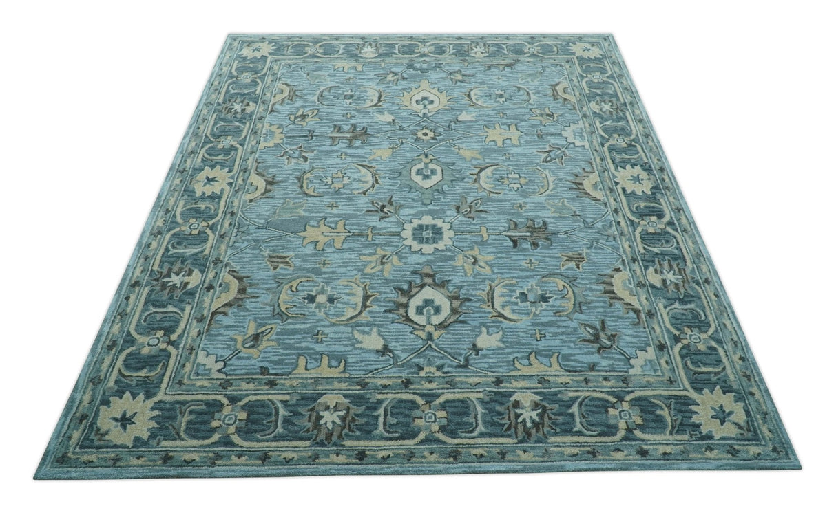 Traditional Floral Aqua, Gray and Beige Hand Tufted Multi size wool area rug