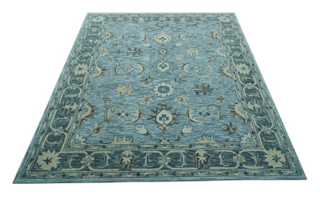 Traditional Floral Aqua, Gray and Beige Hand Tufted Multi size wool area rug
