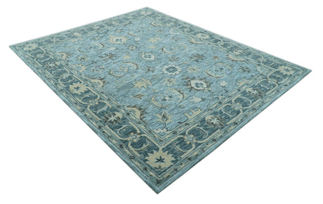 Traditional Floral Aqua, Gray and Beige Hand Tufted Multi size wool area rug