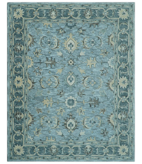 Traditional Floral Aqua, Gray and Beige Hand Tufted Multi size wool area rug
