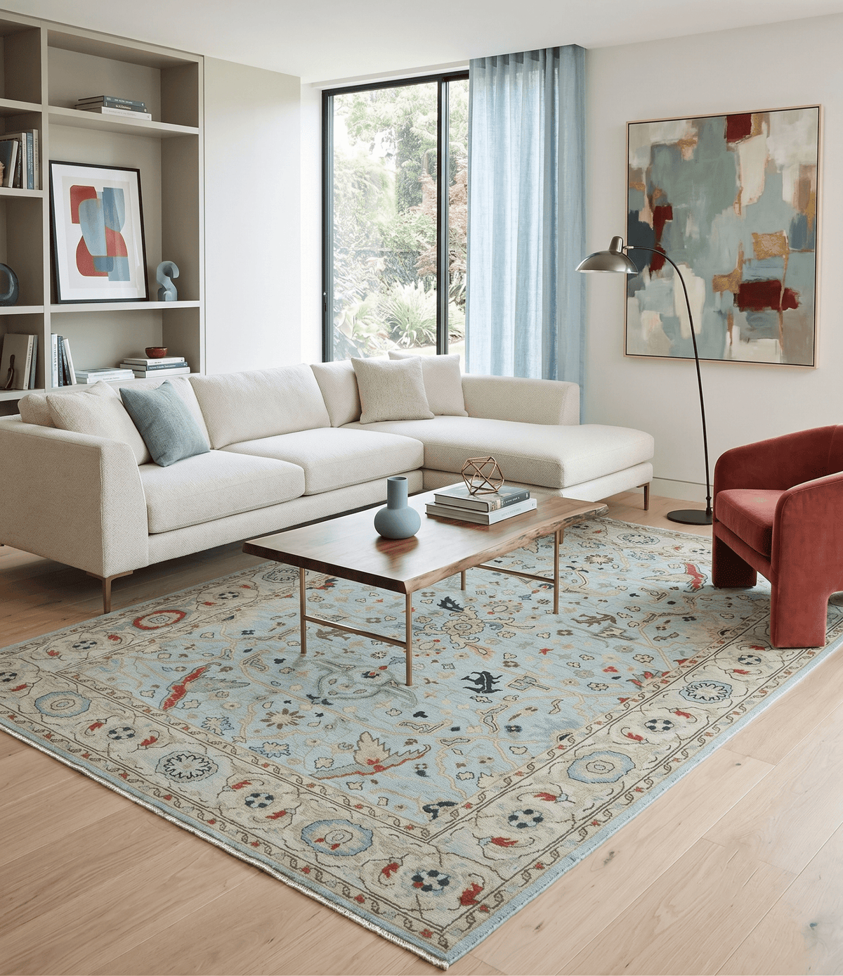 Traditional Floral Blue, Ivory and Beige Oriental Oushak Multi size wool Area Rug