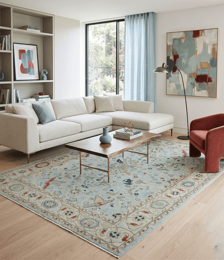 Traditional Floral Blue, Ivory and Beige Oriental Oushak Multi size wool Area Rug
