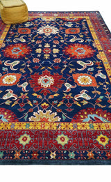 Traditional Floral Design Blue And Red 8x11 Hand Knotted wool Area Rug