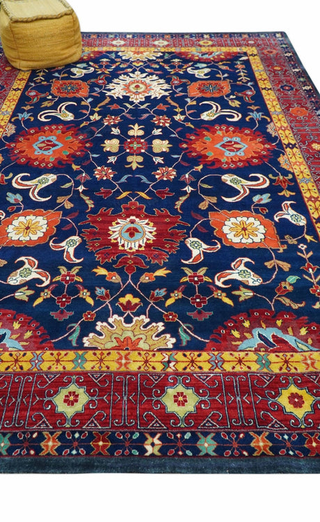 Traditional Floral Design Blue And Red 8x11 Hand Knotted wool Area Rug