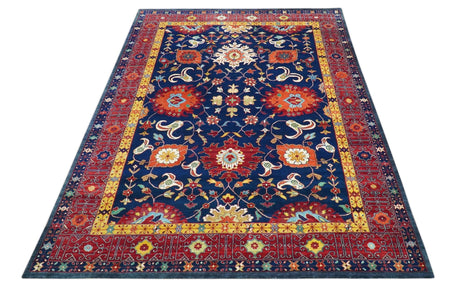 Traditional Floral Design Blue And Red 8x11 Hand Knotted wool Area Rug