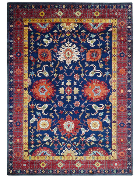 Traditional Floral Design Blue And Red 8x11 Hand Knotted wool Area Rug