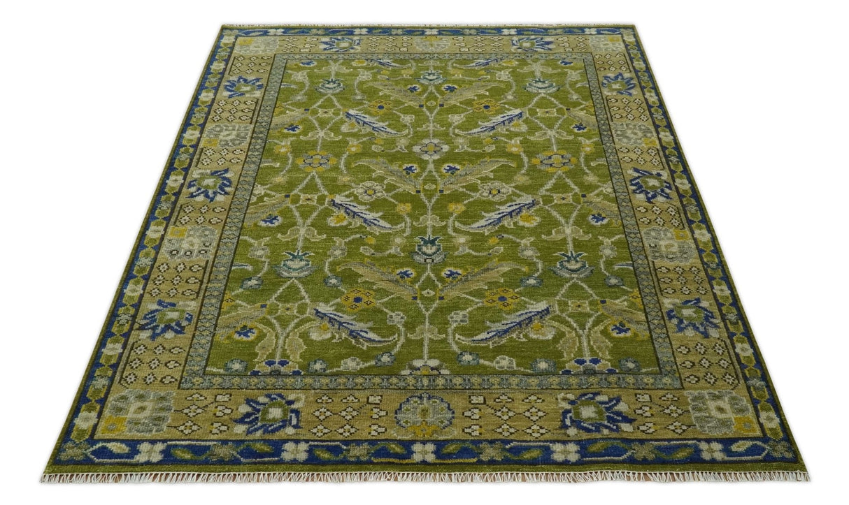 Traditional Floral Green and Blue Hand Knotted Multi size wool area rug